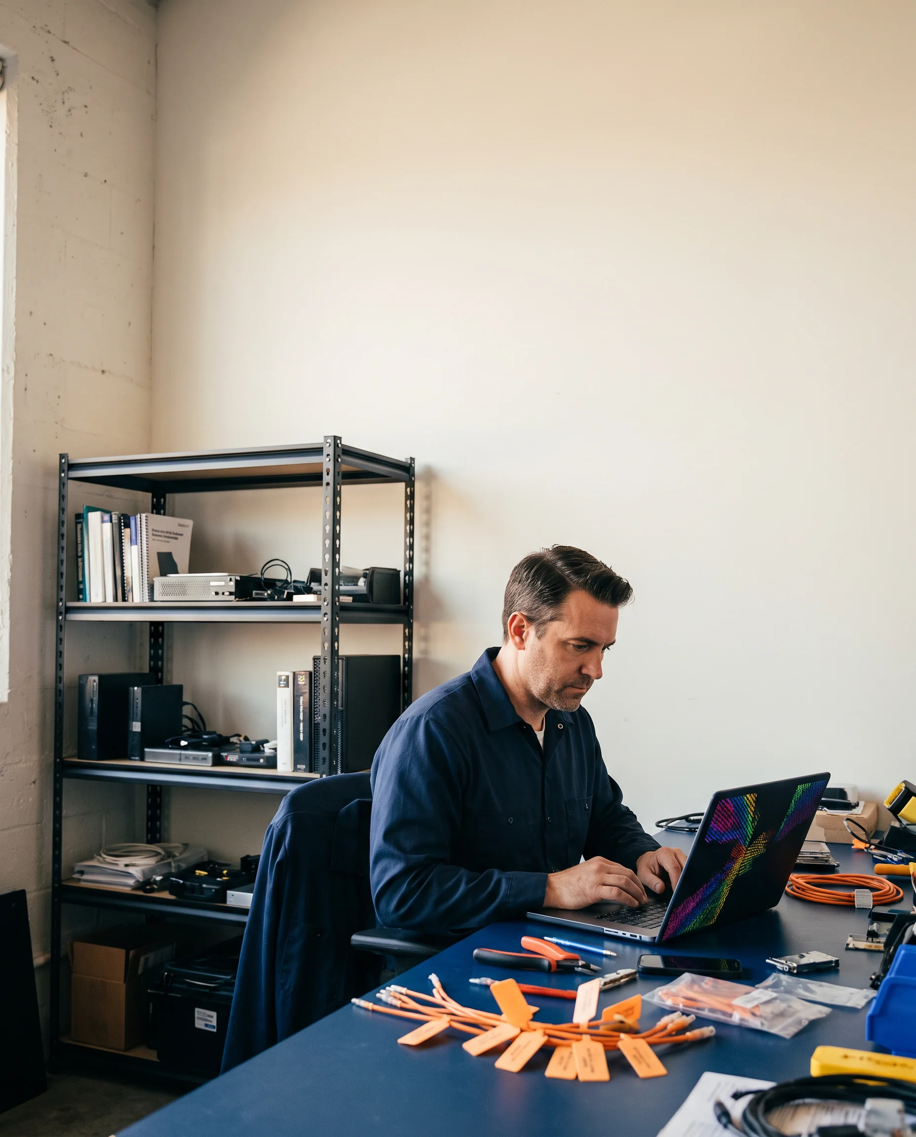 Person working at a component-covered table
