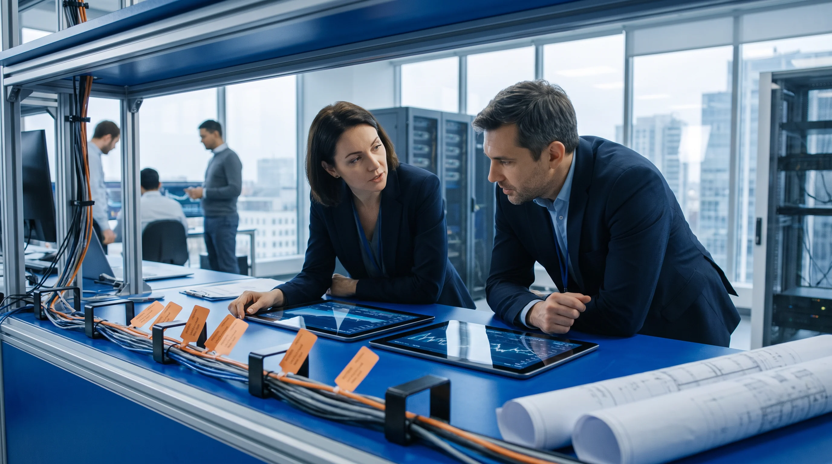 Two people reviewing blueprints and materials