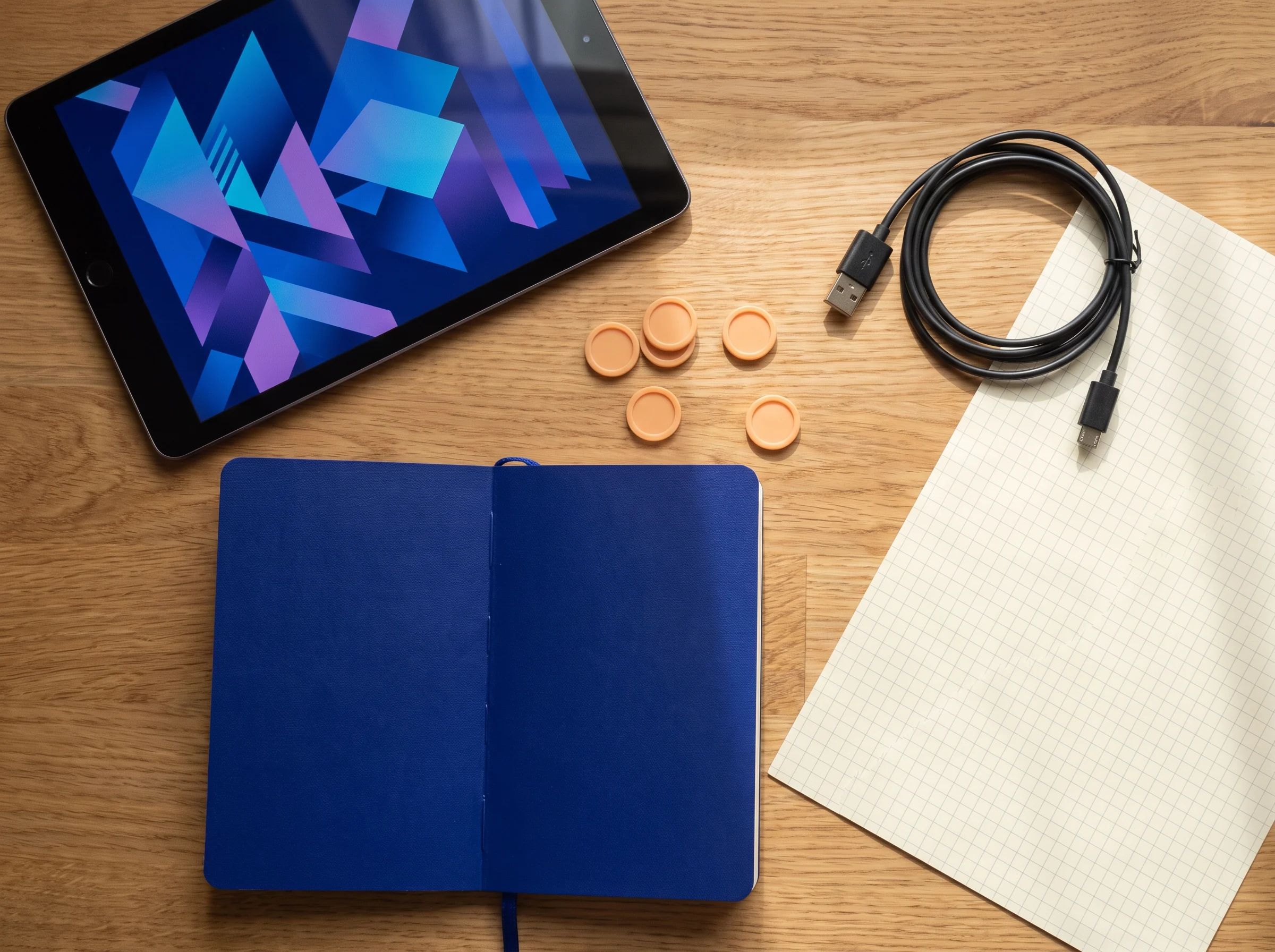 Notebook, cable, coins and components arranged on a work surface