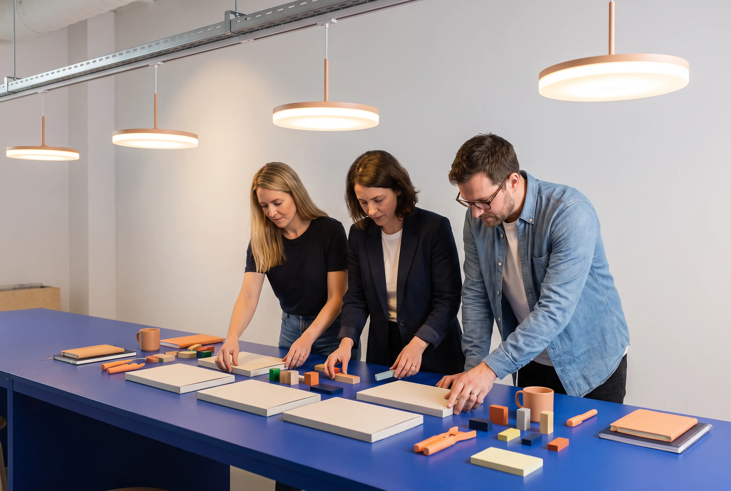 Three people arranging materials across a blue worktable
