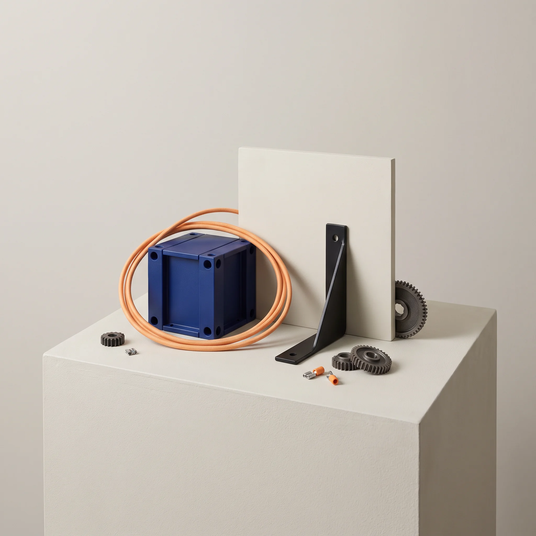 A small blue device and coiled orange cable on a pedestal