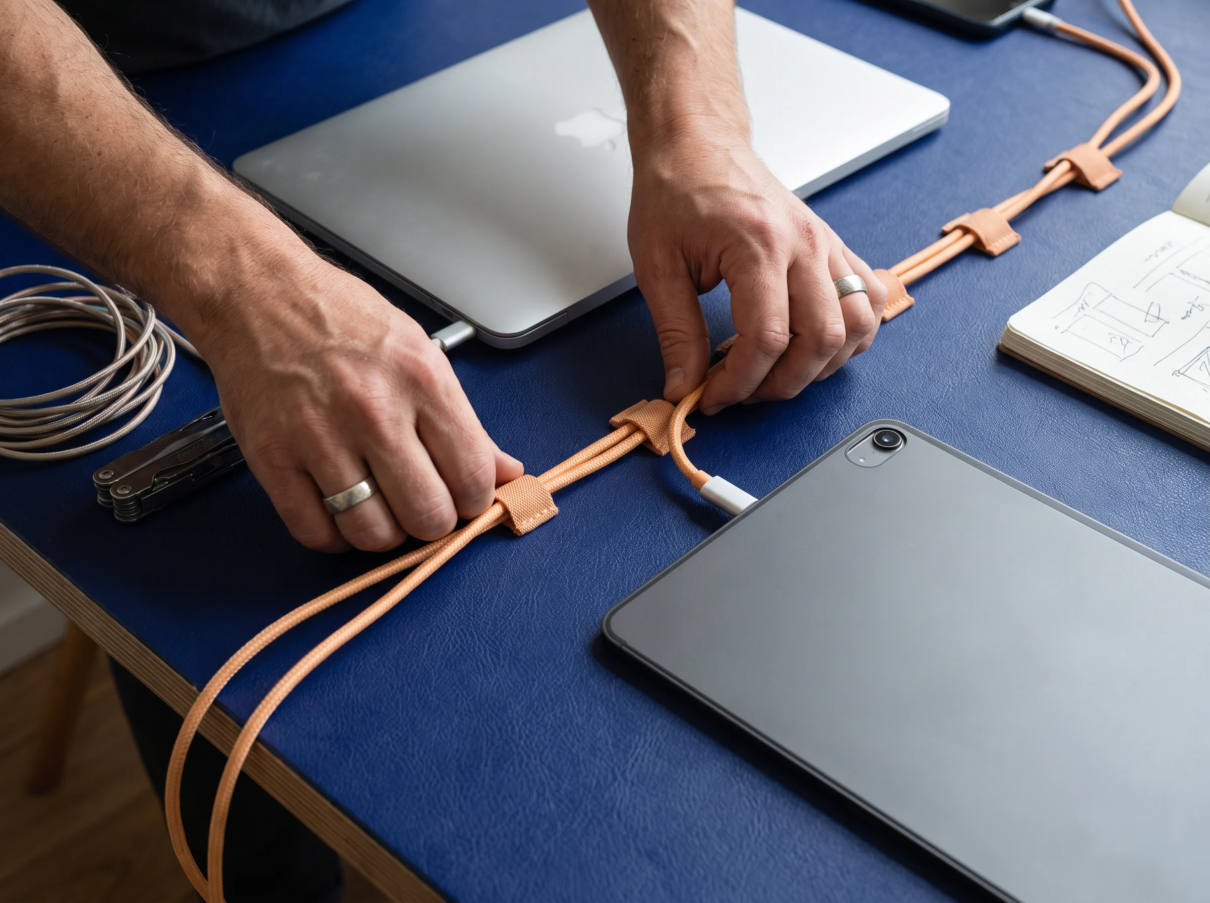 Hands arranging cable beside a laptop on a blue desk